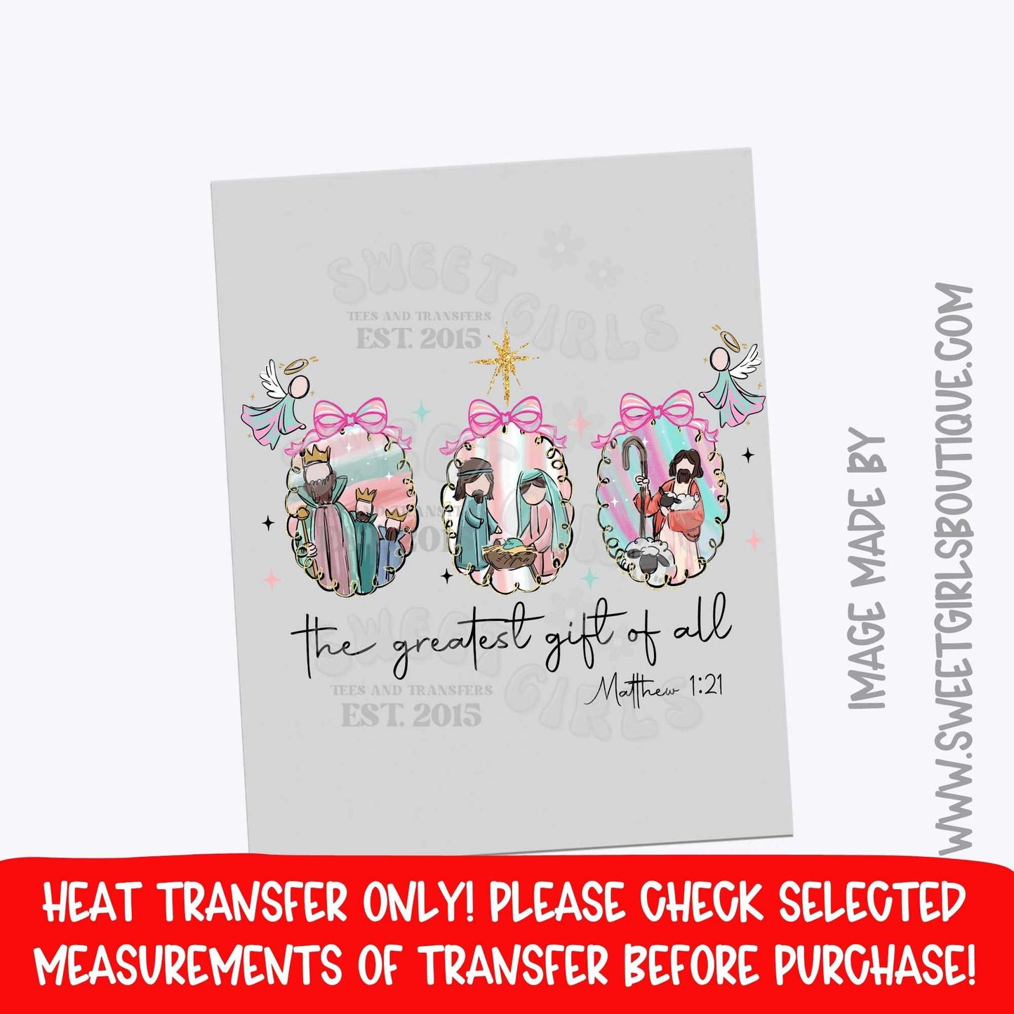 Jesus The Greatest Gift Of All Heat Transfer | Christian Christmas DTF | Faith Based Religious Holiday Iron On | Manger Scene Ready To Press Cold Peel Transfer | Nativity Design Print