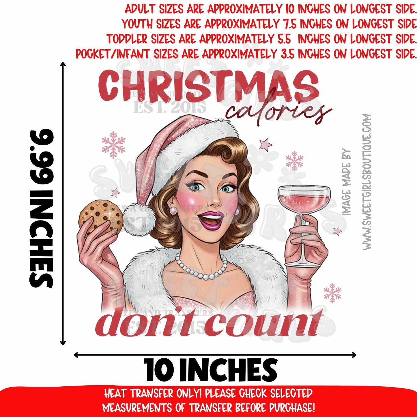Christmas Calories Don’t Count Heat Transfer | Funny Retro Holiday DTF | Cookie And Wine Girl Christmas Iron On | Vintage Style Ready To Press Cold Peel Transfer For Christmas Shirts