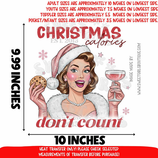 Christmas Calories Don’t Count Heat Transfer | Funny Retro Holiday DTF | Cookie And Wine Girl Christmas Iron On | Vintage Style Ready To Press Cold Peel Transfer For Christmas Shirts