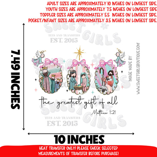Jesus The Greatest Gift Of All Heat Transfer | Christian Christmas DTF | Faith Based Religious Holiday Iron On | Manger Scene Ready To Press Cold Peel Transfer | Nativity Design Print