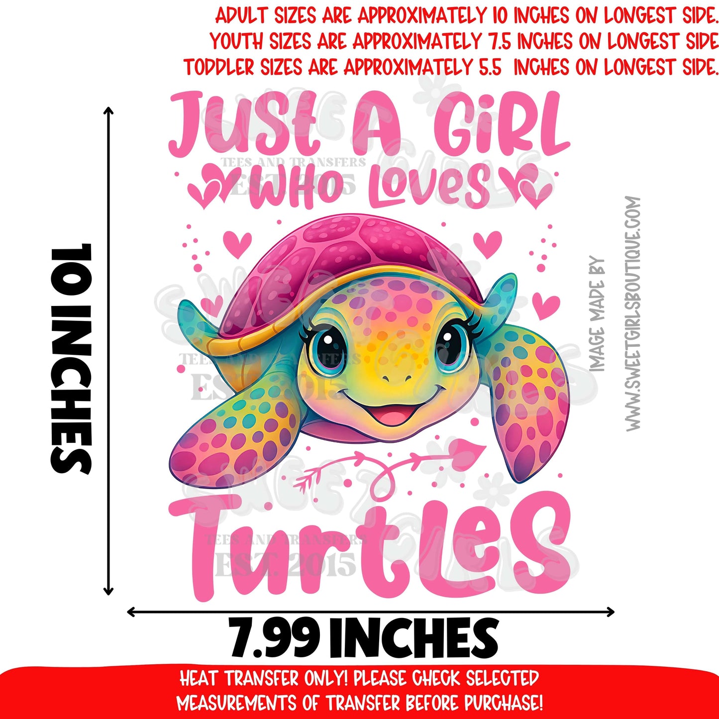 Cute Turtle Heat Transfer Just A Girl Who Loves Turtles DTF Print Kids Animal Design