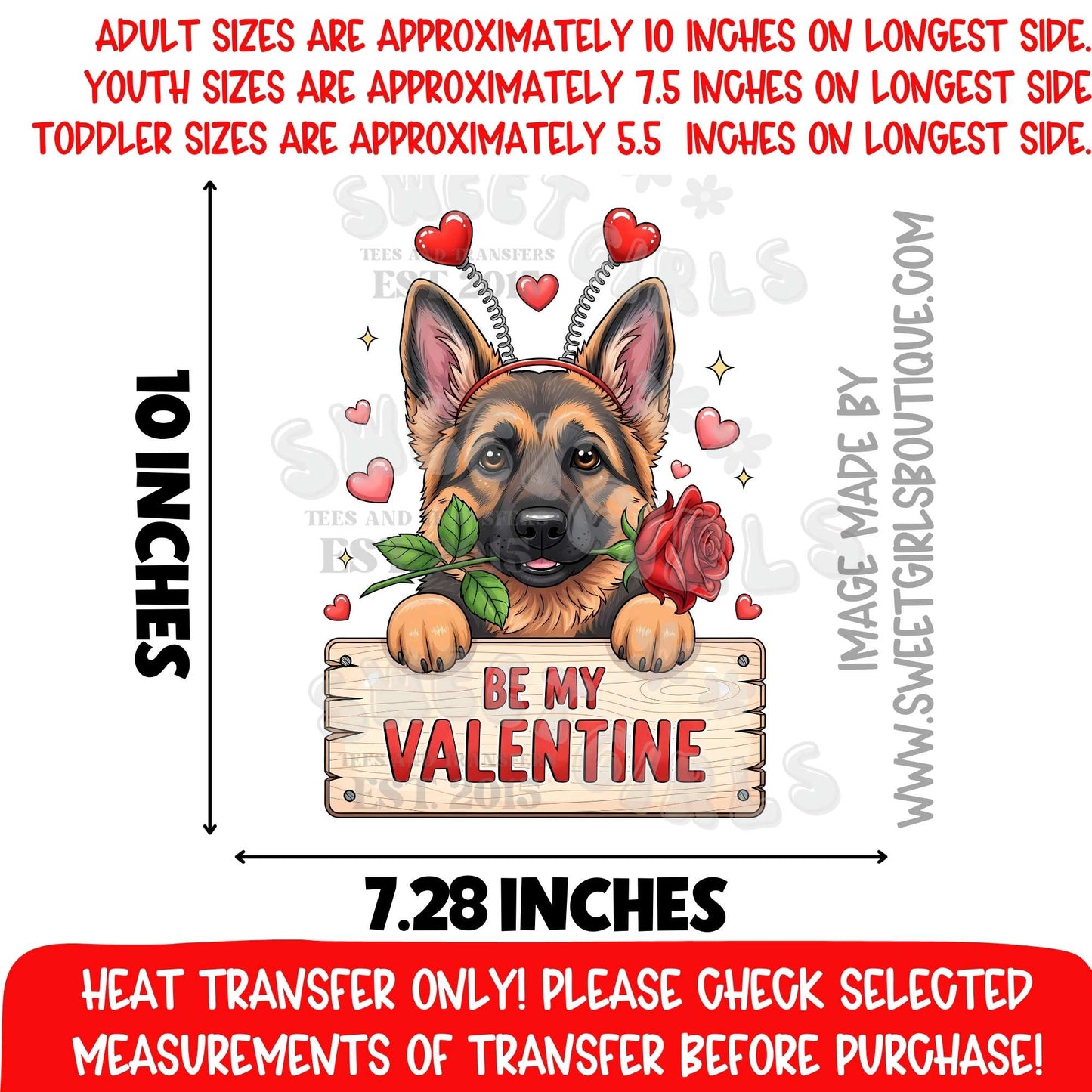 Be My Valentine German Shepherd DTF Heat Transfer | Cute Dog Rose Valentine Iron On | Puppy Love Heat Transfer