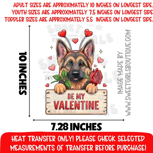 Be My Valentine German Shepherd DTF Heat Transfer | Cute Dog Rose Valentine Iron On | Puppy Love Heat Transfer