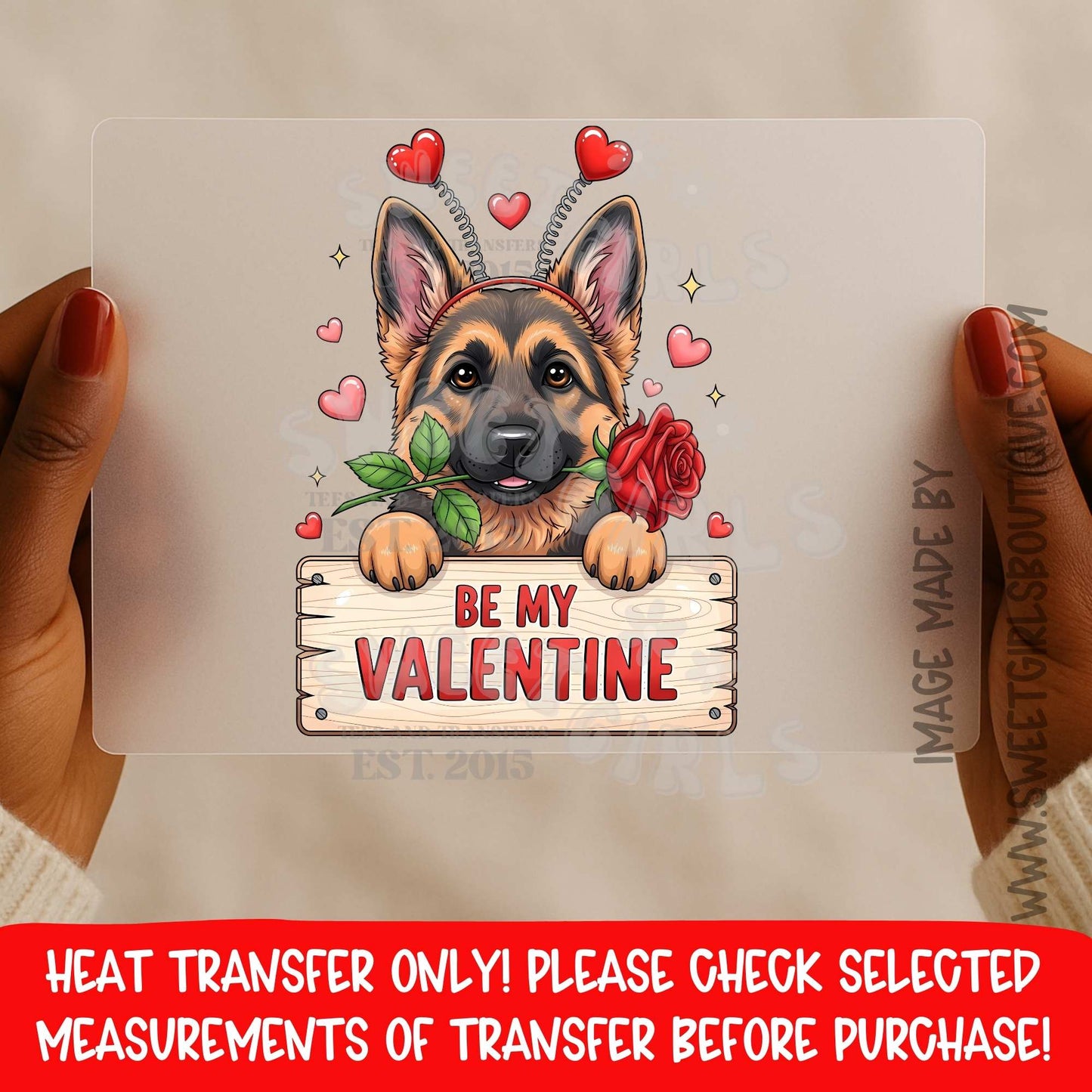 Be My Valentine German Shepherd DTF Heat Transfer | Cute Dog Rose Valentine Iron On | Puppy Love Heat Transfer