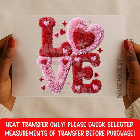 LOVE Valentine DTF Heat Transfer Fuzzy Heart Letters | Pink Red Textured Love Iron On | Valentine Heat Transfer
