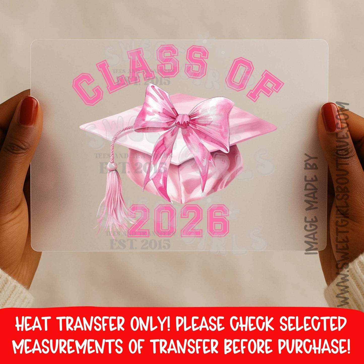 Class of 2026 DTF Heat Transfer Pink Graduation Cap Bow | Senior 2026 Girl Grad Iron On Transfer | Printable Heat Transfer