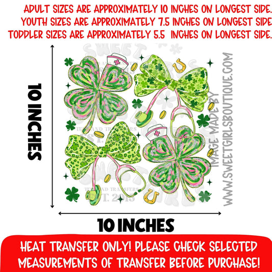 St Patrick Nurse Clover Bow DTF Heat Transfer Green Medical Spring Design