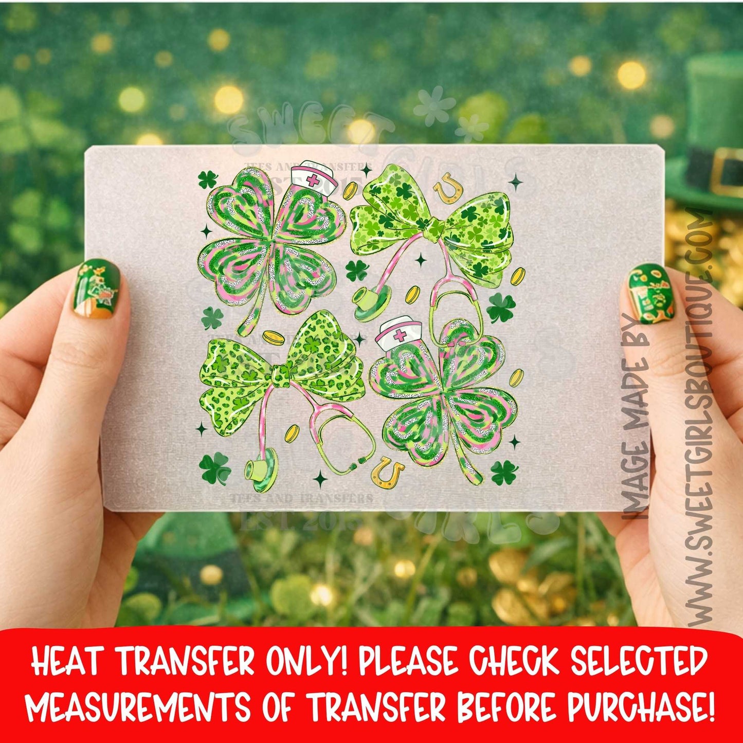 St Patrick Nurse Clover Bow DTF Heat Transfer Green Medical Spring Design