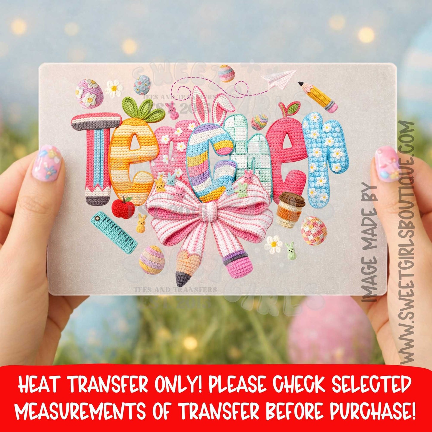 Teacher Easter Bunny Bow DTF Heat Transfer Pastel Spring School Design