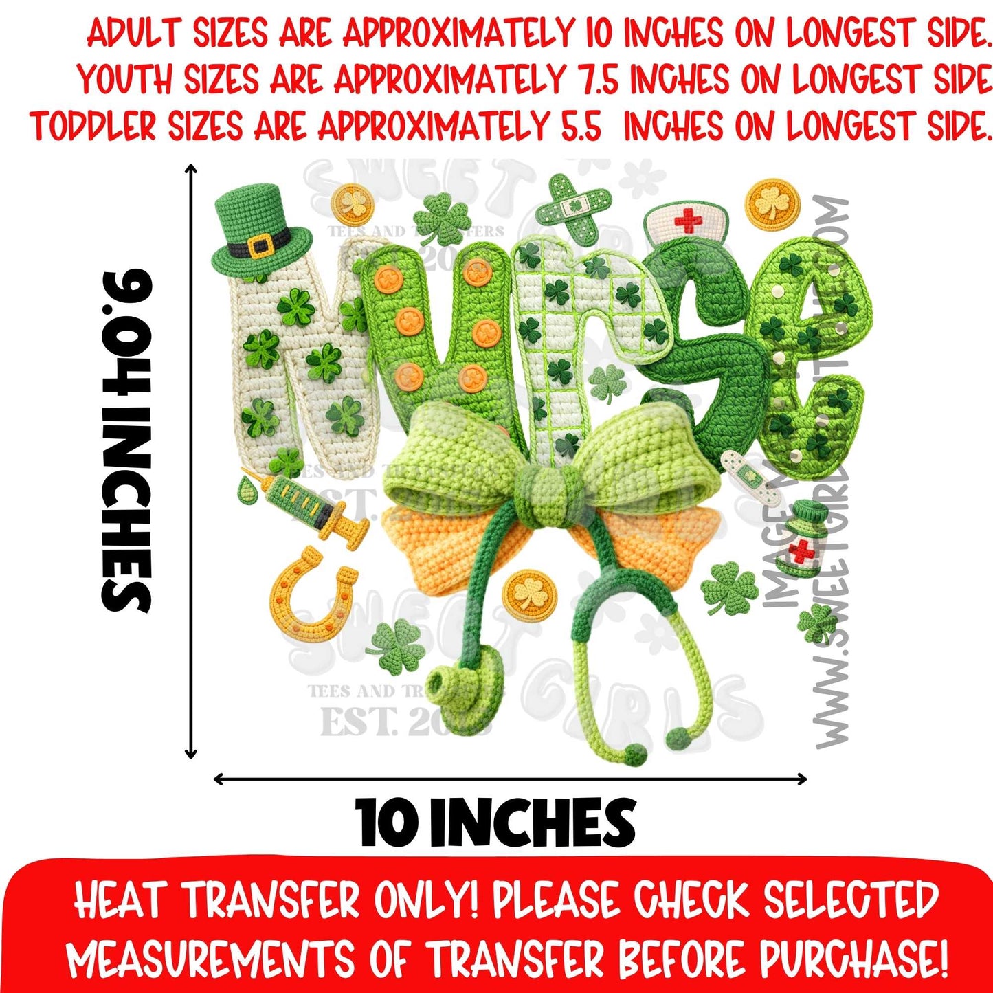 Nurse St Patrick Day Bow DTF Heat Transfer Green Clover Medical Design