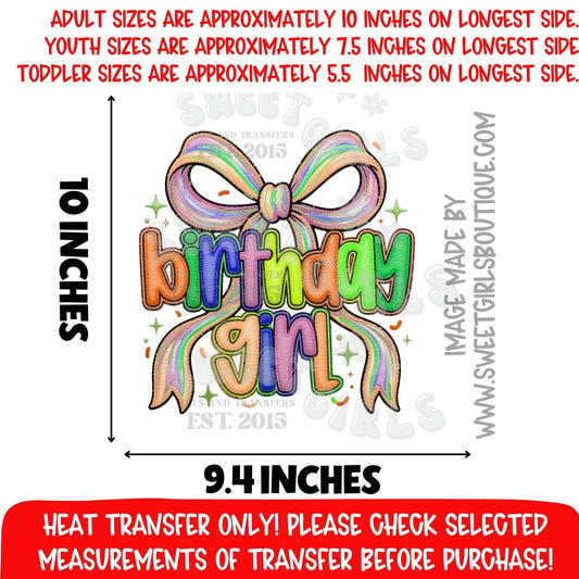 Birthday Girl Rainbow Bow Heat Transfer Cute Party DTF Iron On