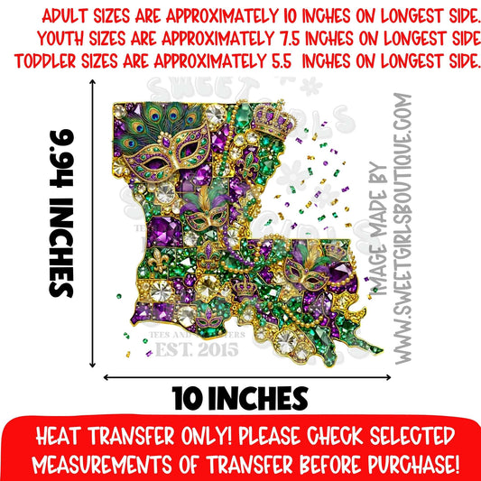 Louisiana Mardi Gras Mask State Heat Transfer Purple Green Gold DTF Iron On