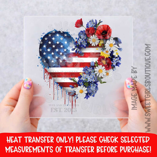 Patriotic USA Heart Floral Heat Transfer DTF Iron On Printable Transfer Not a Shirt Fourth of July Memorial Day