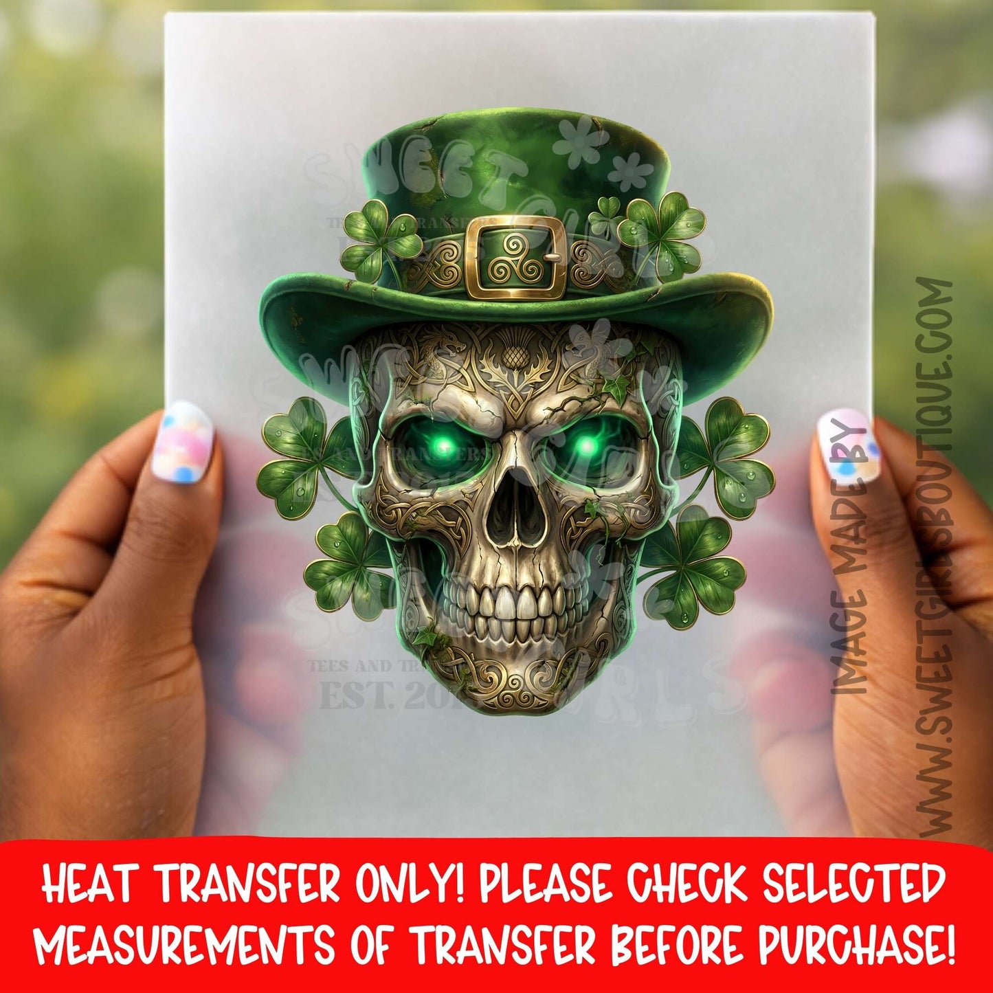 St Patricks Day Skull Shamrock Leprechaun Gothic Green Heat Transfer Not a Shirt