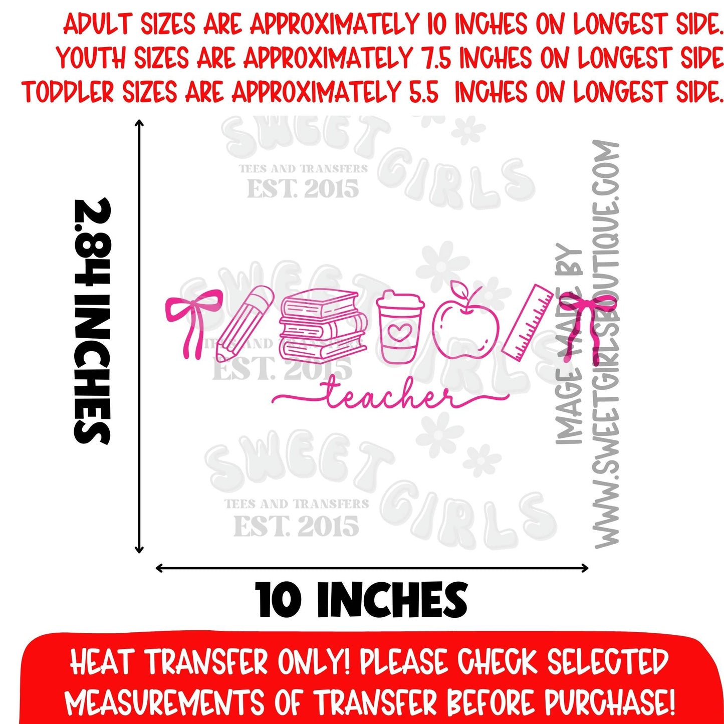 Teacher Heat Transfer Icons Pencil Books Apple Pink DTF Iron On