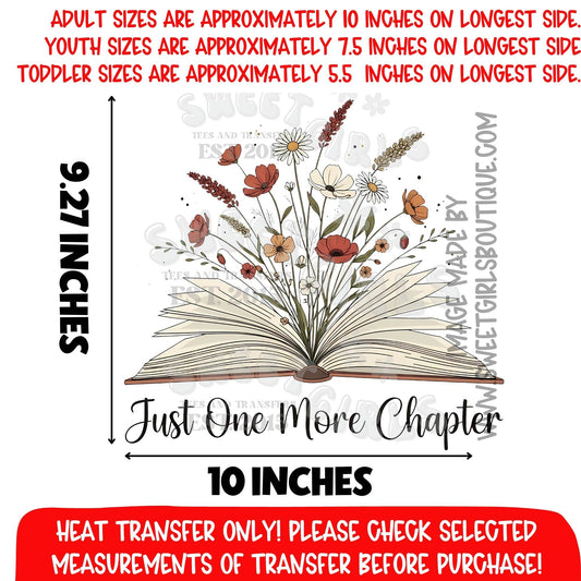 Just One More Chapter Heat Transfer Book Lover Floral DTF Iron On