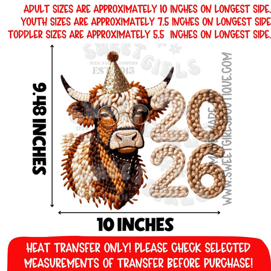 New Year 2026 Class of 2026 Heat Transfer Highland Cow Graduation DTF Iron On