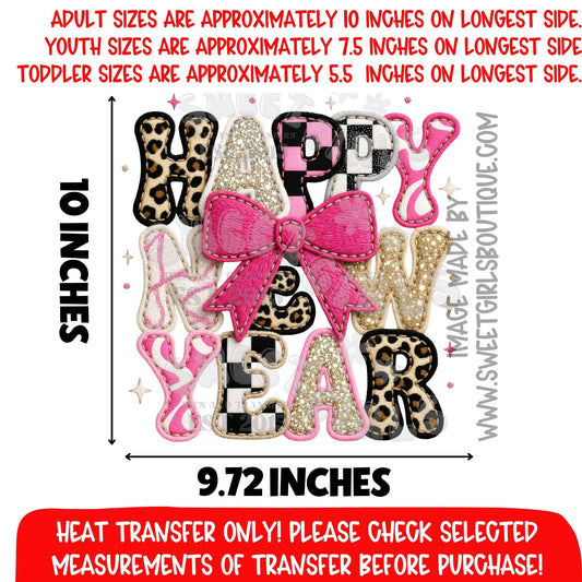 Happy New Year Heat Transfer Pink Bow Leopard Glitter DTF Iron On