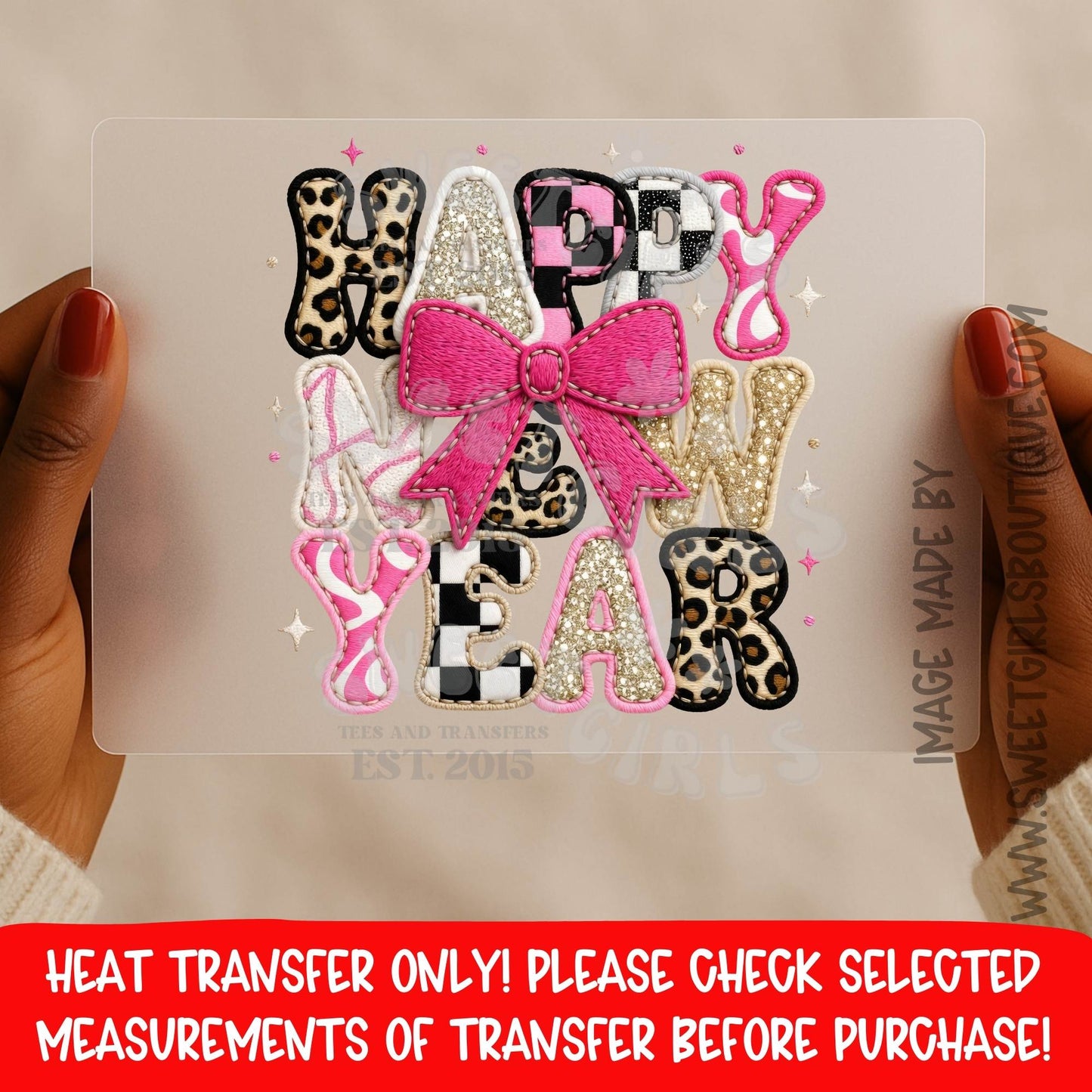 Happy New Year Heat Transfer Pink Bow Leopard Glitter DTF Iron On