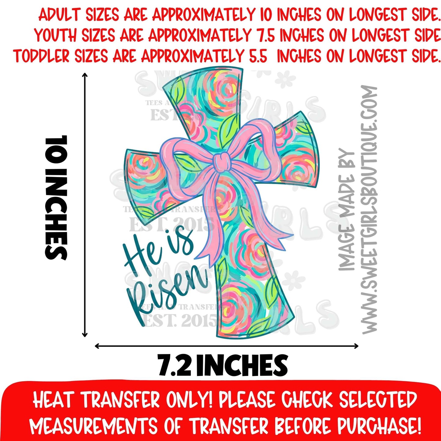 He Is Risen Cross Heat Transfer DTF Iron On Graphic Transfer – Christian Easter Faith Design Not a Shirt