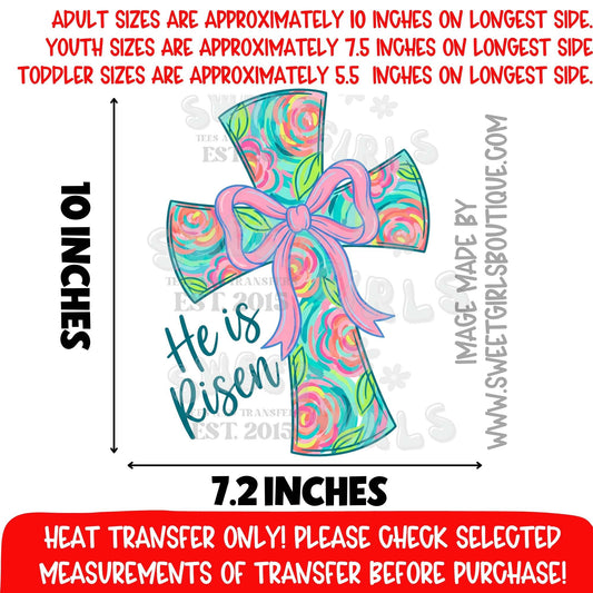 He Is Risen Cross Heat Transfer DTF Iron On Graphic Transfer – Christian Easter Faith Design Not a Shirt