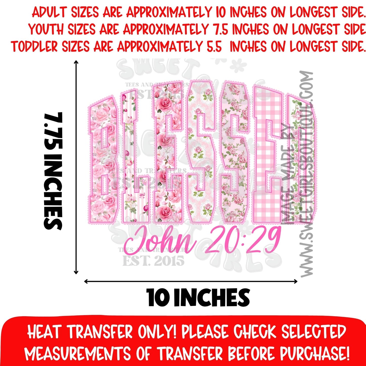 Blessed John 20:29 Pink Floral Faith Heat Transfer, Christian Bible Verse DTF Transfer For Shirts, Coquette Rose Gingham Scripture Iron On, Church Shirt Graphic, NOT A SHIRT