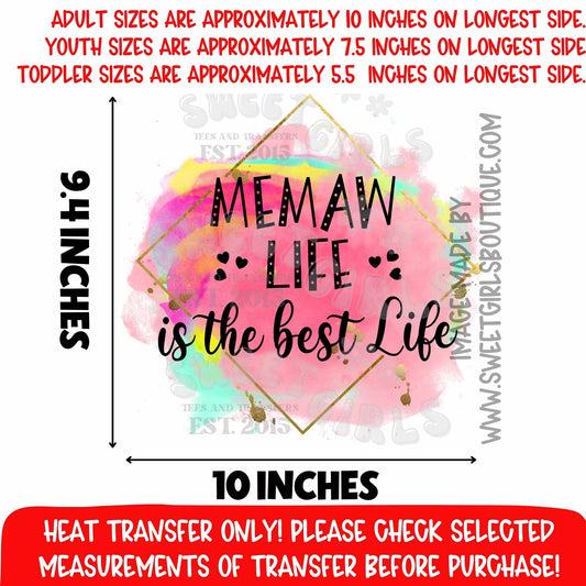 Memaw Life DTF Heat Transfer Color Splash Grandma Gift Print