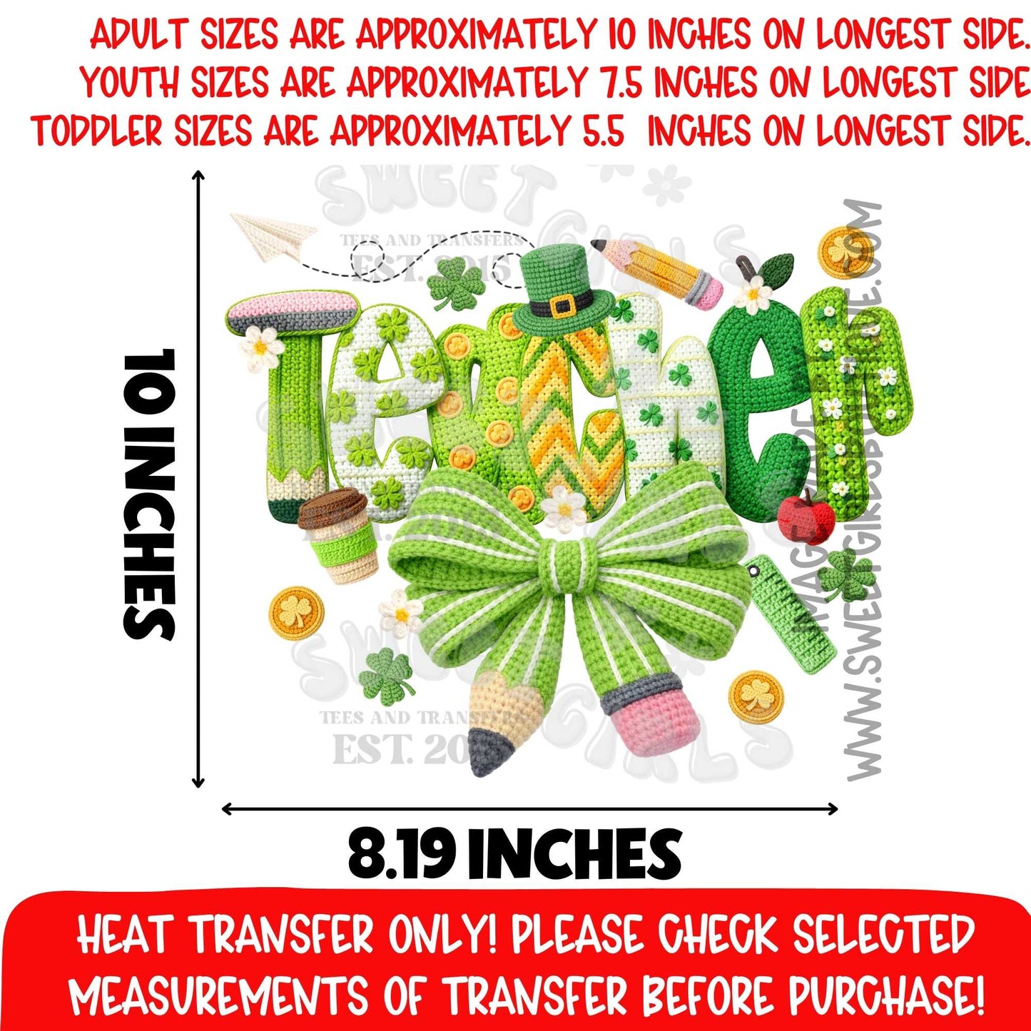 Teacher St Patrick Day Bow DTF Heat Transfer Green Clover School Spring Design