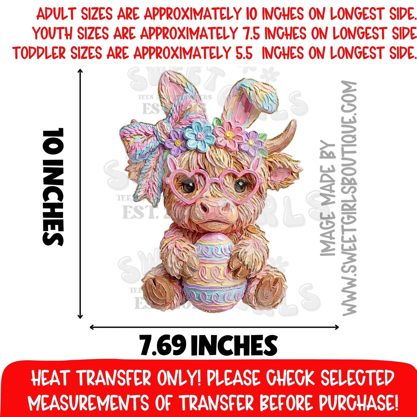 Highland Cow Easter DTF Heat Transfer Cute Cow Bunny Glasses Design