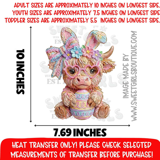 Highland Cow Easter DTF Heat Transfer Cute Cow Bunny Glasses Design
