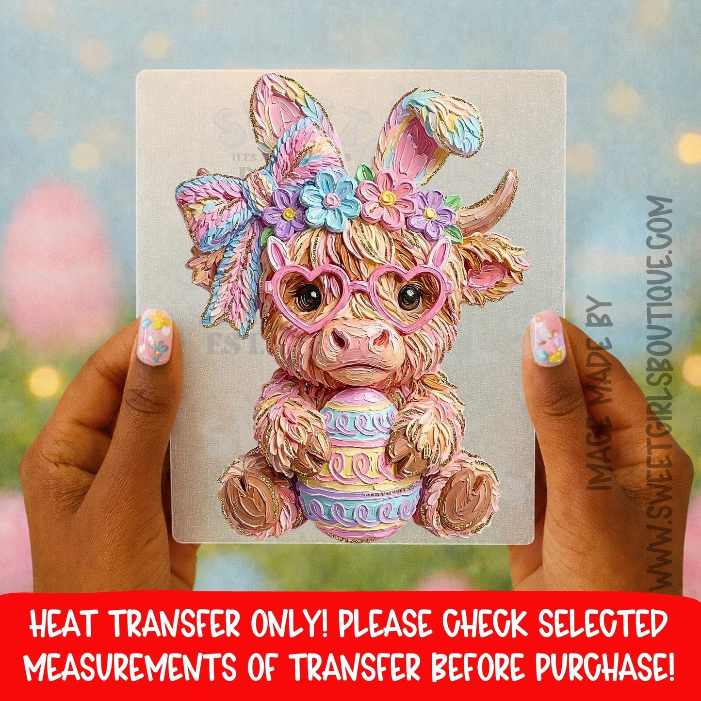 Highland Cow Easter DTF Heat Transfer Cute Cow Bunny Glasses Design