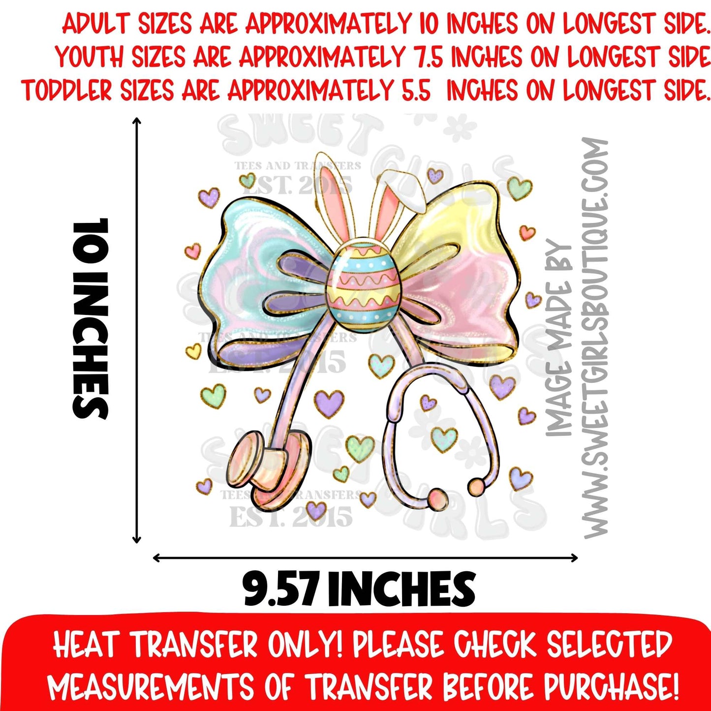 Easter Nurse Heat Transfer Bunny Bow Stethoscope Medical DTF Iron On