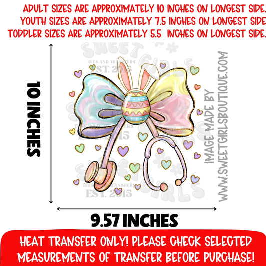 Easter Nurse Heat Transfer Bunny Bow Stethoscope Medical DTF Iron On