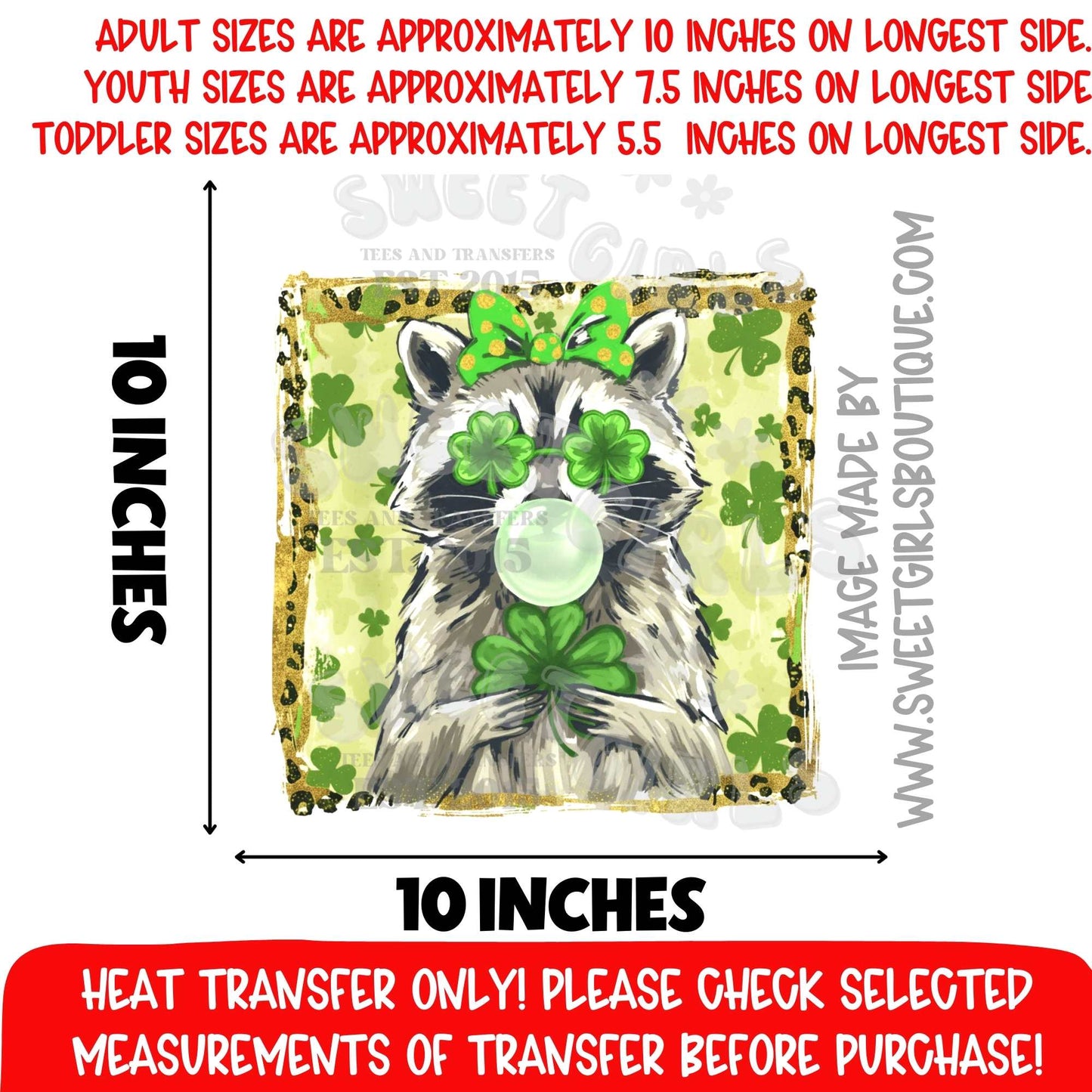 St Patricks Day Raccoon Heat Transfer Shamrock Lucky DTF Iron On