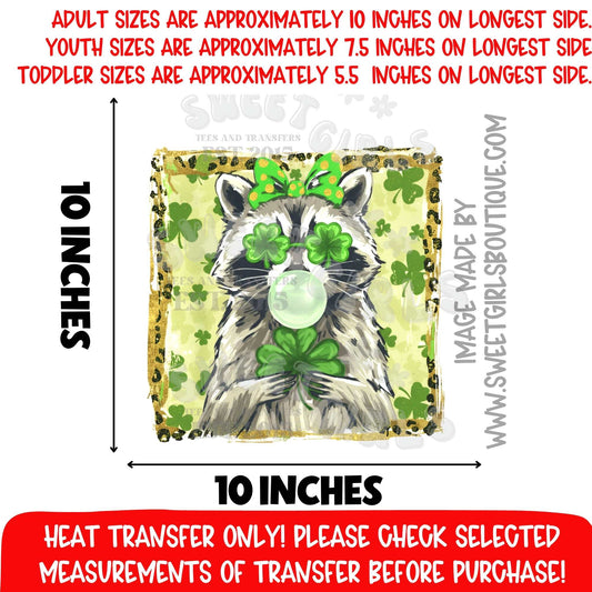St Patricks Day Raccoon Heat Transfer Shamrock Lucky DTF Iron On