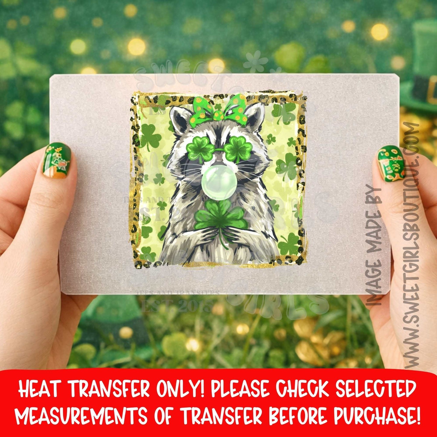 St Patricks Day Raccoon Heat Transfer Shamrock Lucky DTF Iron On