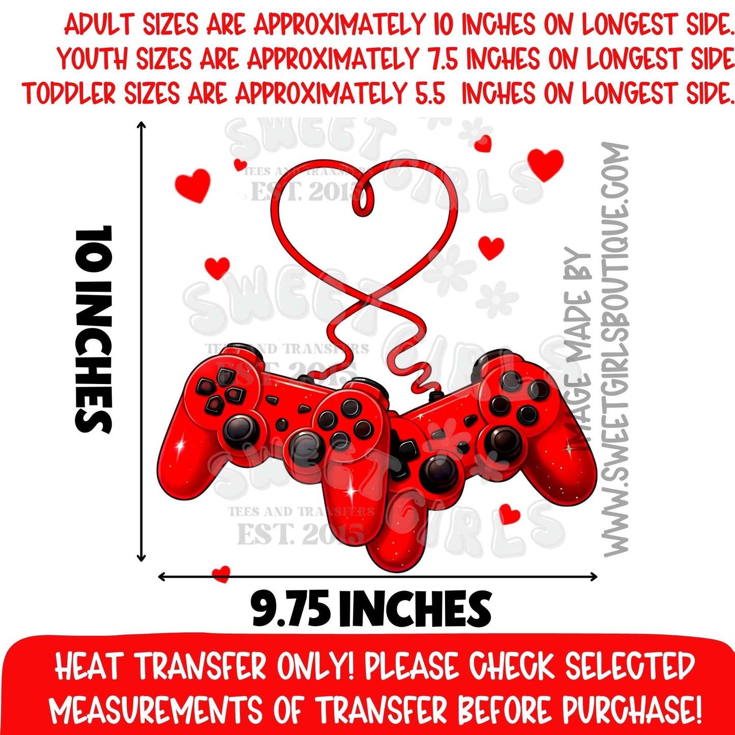Gamer Love Heart Controller Heat Transfer Valentine Gaming Couple DTF Iron On
