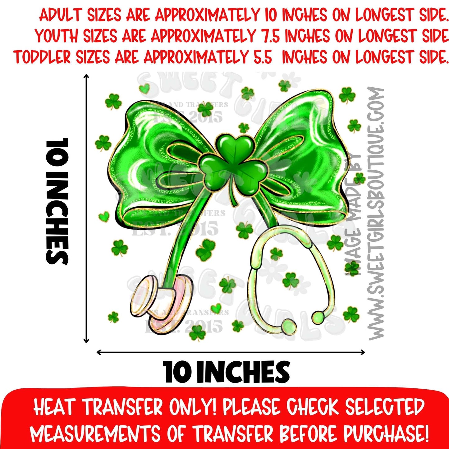 St Patricks Day Nurse Heat Transfer Shamrock Bow Stethoscope Medical DTF Iron On