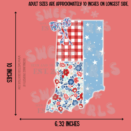 Indiana Patriotic State Heat Transfer – Ready to Press USA Bow Floral Patch Design – Iron-On Transfer for T-Shirts, DIY Crafts, and Handmade Gifts – Washable and Durable Heat Transfer Stickers