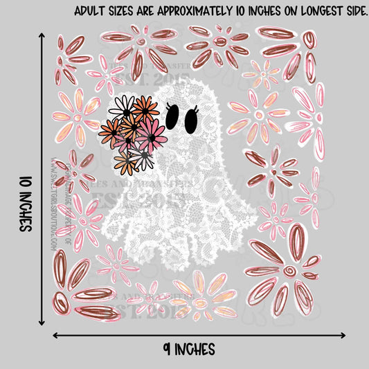 Lace Floral Ghost DTF Heat Transfer – Preppy Pink Halloween Iron-On for DIY Shirts – Soft Vintage Ghost Design for Fall Tees