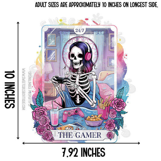 Pastel Gamer Girl Skeleton Tarot DTF Transfer – Pink & Blue Gaming Skull with Console Snacks & Roses – Cute Soft Gamer Aesthetic Iron-On Heat Transfer – Ready to Press