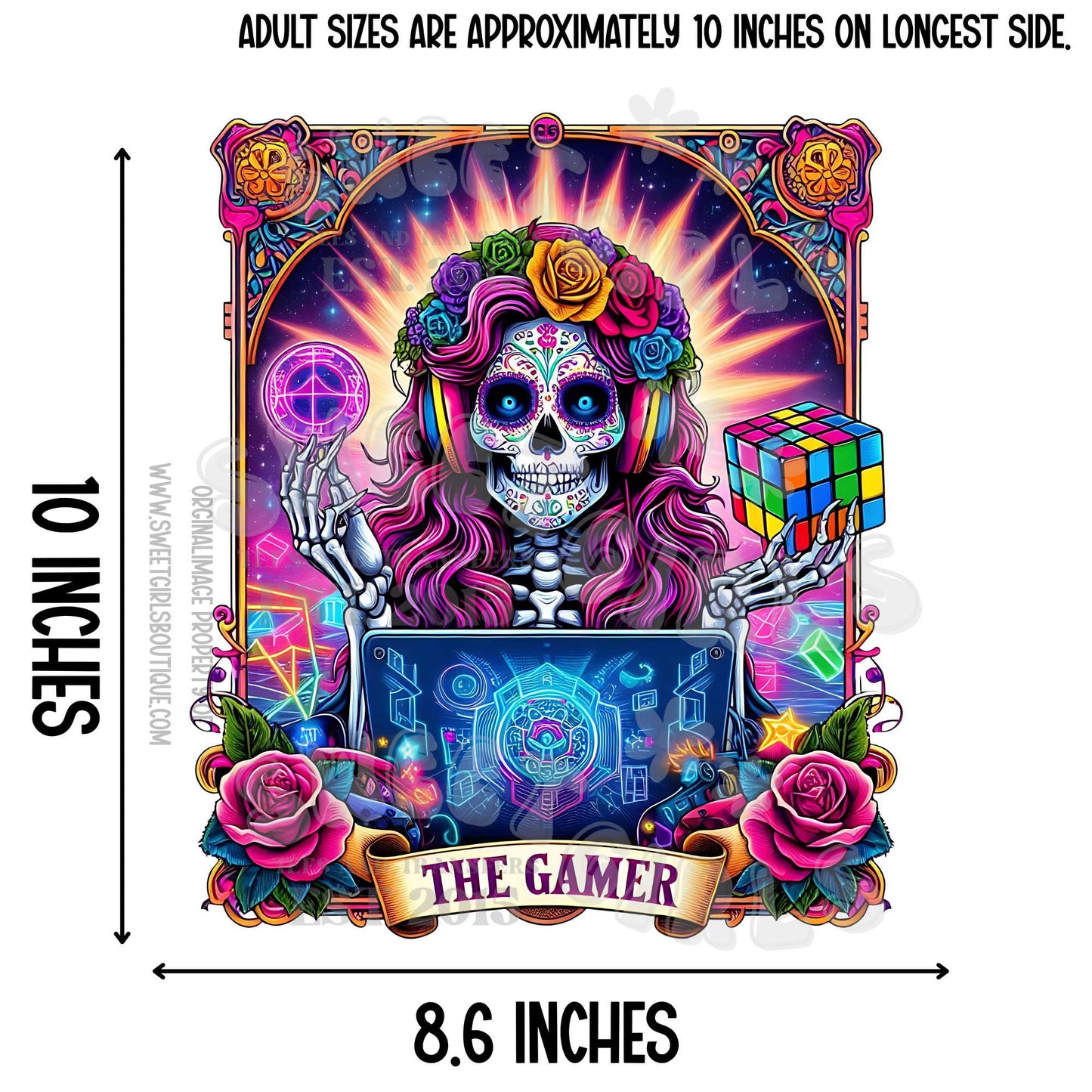 Colorful Sugar Skull Gamer Girl DTF Transfer – Vibrant Día de los Muertos Style Gaming Skeleton with Laptop Rubik’s Cube and Roses – Bold Iron-On for Shirts & Totes – Ready to Press