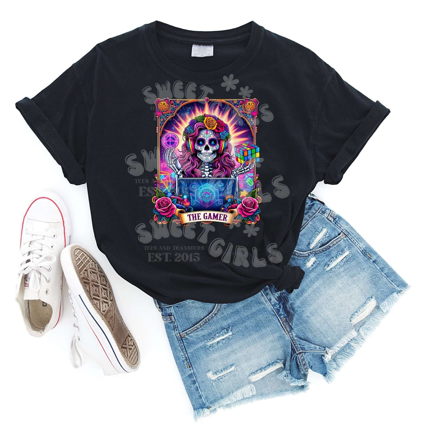 Colorful Sugar Skull Gamer Girl DTF Transfer – Vibrant Día de los Muertos Style Gaming Skeleton with Laptop Rubik’s Cube and Roses – Bold Iron-On for Shirts & Totes – Ready to Press