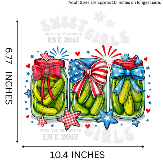 Patriotic Pickle Jars DTF Transfer – USA July 4th Bow Fireworks Design – Ready to Press