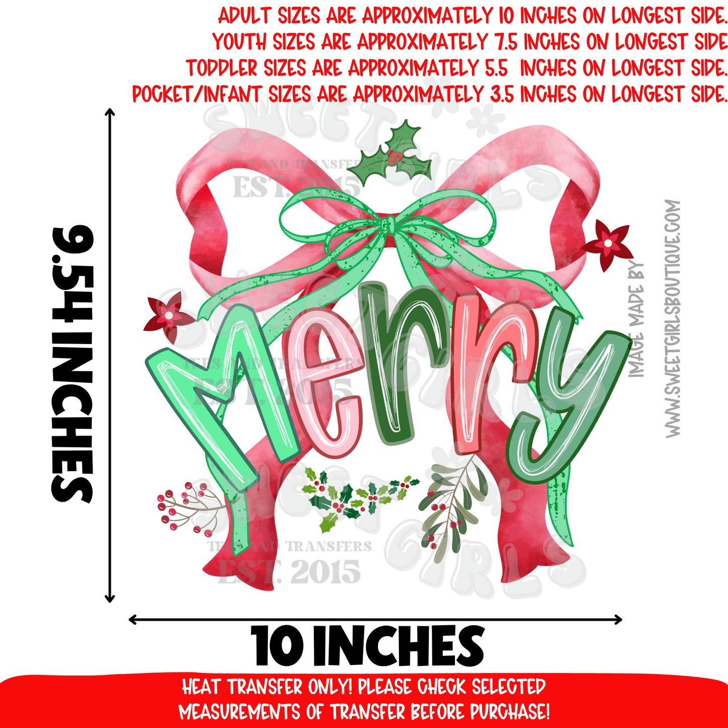 Merry Christmas Bow Heat Transfer | Red Green Holiday DTF Print | Ready to Press Iron On for Shirts, DIY Crafts, Apparel Decorating