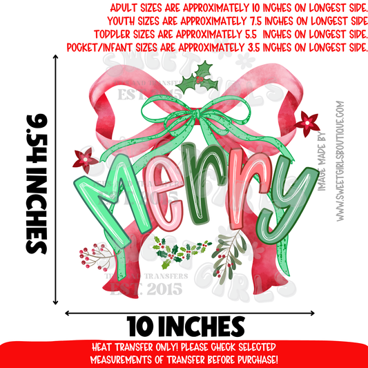 Merry Christmas Bow Heat Transfer | Red Green Holiday DTF Print | Ready to Press Iron On for Shirts, DIY Crafts, Apparel Decorating