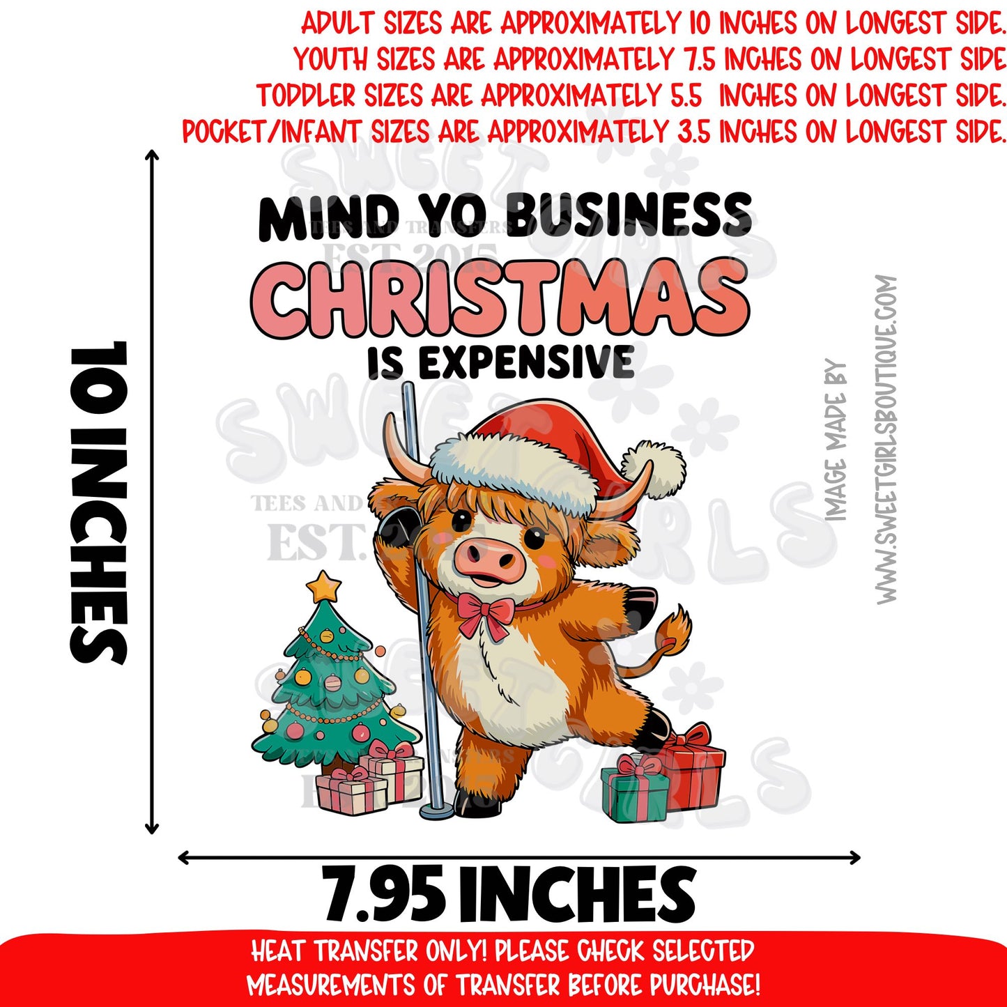 Mind Yo Business Christmas Is Expensive Heat Transfer | Funny Cow Christmas DTF | Farmhouse Holiday Iron On | Budget Humor Santa Transfer | Ready To Press Cold Peel Print For DIY Shirts