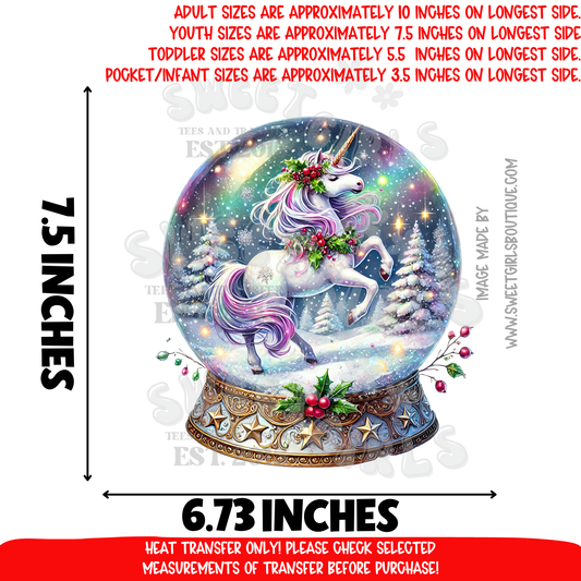 Unicorn Snow Globe Winter Wonderland Christmas Sparkle Magical Holiday DTF Heat Transfer Ready To Press Iron On DIY Shirt Sweatshirt Hoodie Gift