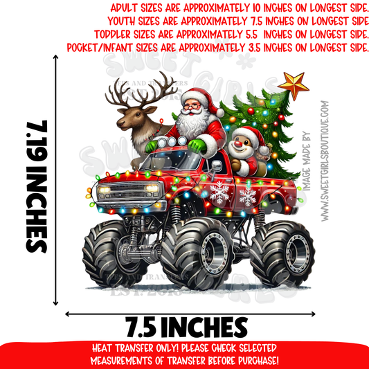 Santa Claus Reindeer Monster Truck Christmas Lights Holiday DTF Heat Transfer Ready To Press Iron On DIY Shirt Sweatshirt Hoodie Gift