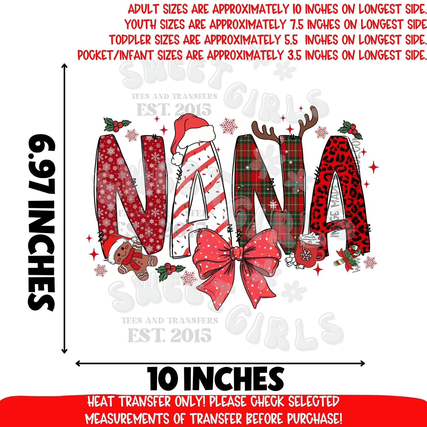 NANA Christmas DTF Heat Transfer – Ready to Press Holiday Grandma Print – DIY Apparel Transfer (Not a Shirt)